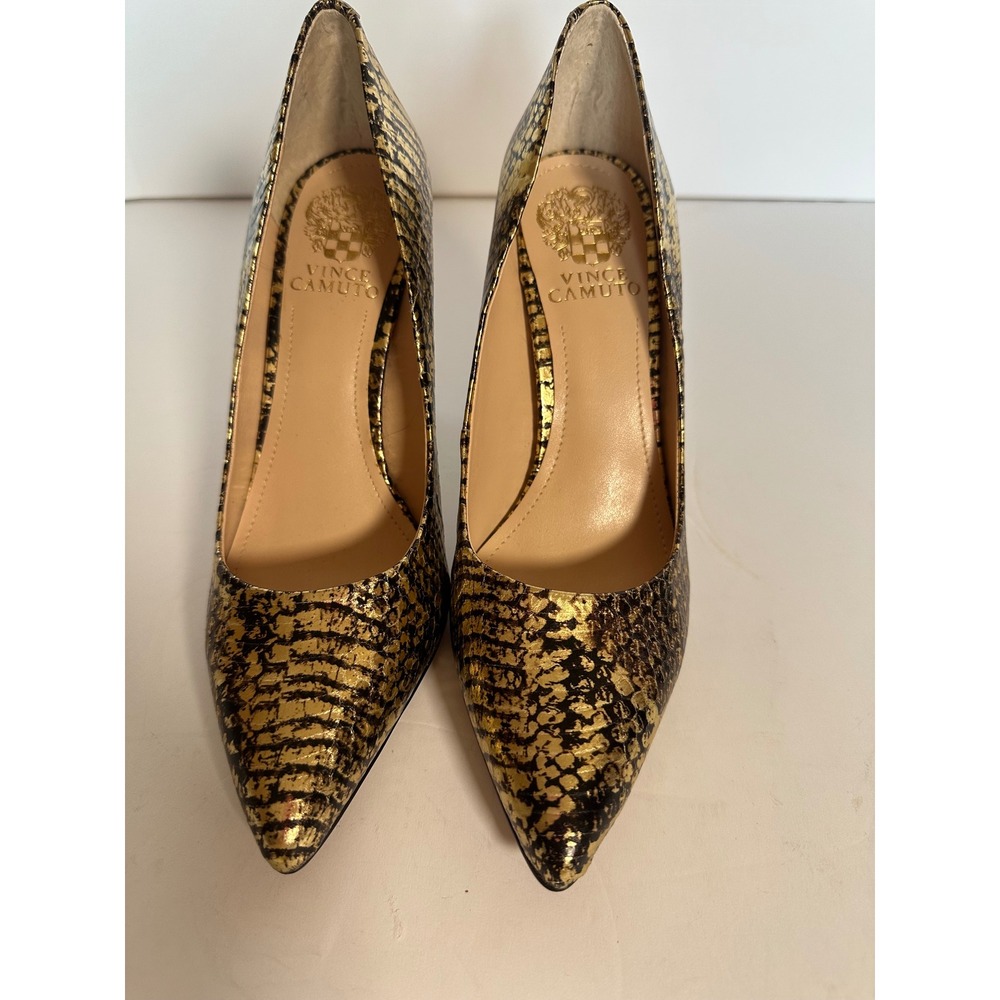 Vince Camuto Leather Gold Black Snakeskin Embossed Pointed Toe Pumps 8M NWOB